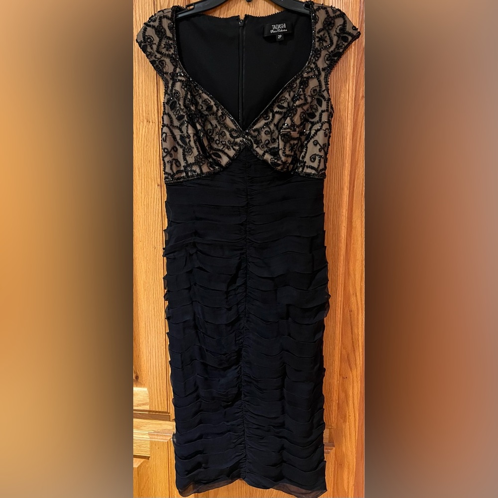Tadashi Petite Collection Black Silk‎ Beaded Party Formal Midi Dress Size 2P